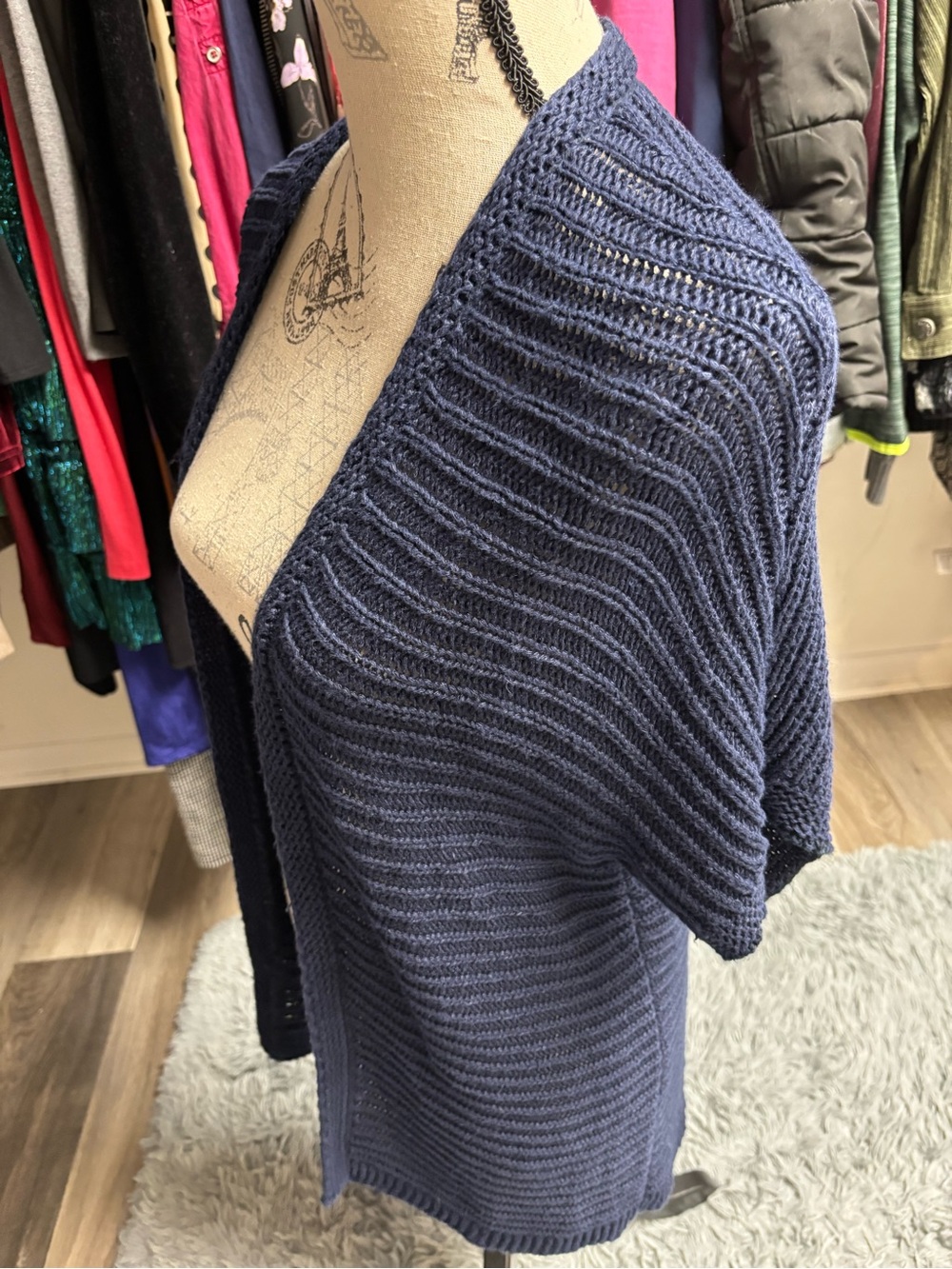 Talbots Navy Blue Short-Sleeve Open-Front Knit Cardigan Sweater - Picture 5 of 14